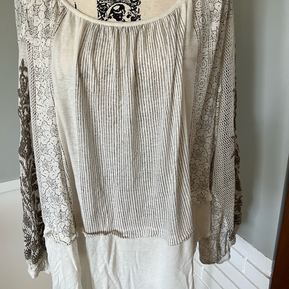 EUC- Free People Cream and Brown Long Sleeve Top